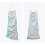 ZARA  Tie Dye Pastel Multi Color Satin Halter Cowl Ruched Slip Midi Dress Size XS Photo 6