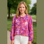 Adyson Parker  Womans Plus Size1X Floral Watercolor Blouse Tie Neck Spring NEW Photo 1