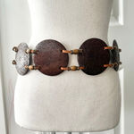 Vintage Unmarked Leather Double Strap Wooden Carved Medallion Disc Waist Belt OS Brown Photo 0