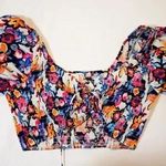 Aura My Hope Haven Navy Floral Print Puff Sleeve Cotton Crop Top Shirt Blouse Photo 1
