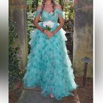 Jovani  Size 10 green off the shoulder Ball gown dress 38606 Photo 1