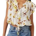 Free People  Naya Ruffle Floral Blouse Ivory Short Sleeve Top size S Boho Cottage Photo 0