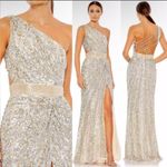Mac Duggal 5687 SEQUINED ONE SHOULDER DRAPED LACE UP GOWN NWT Nude Silver 4 Photo 2