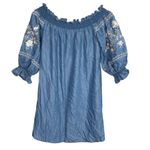 ZARA  Off The Shoulder Embroidered Denim Chambray Floral Mini Dress XS Blue White Photo 4