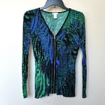 Cashe Sweater Women’s Med Full Zip Stretchy Green Purple Artsy Photo 0
