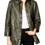 Zadig & Voltaire Crinkled Leather Shirt XS Green Button Down Classic Edgy Grunge Photo 0