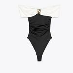 ZARA  NWT white & black off shoulder gold appliqué detail stretchy bodysuit Photo 4