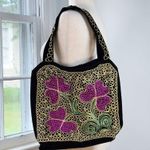 Floral Gold Embroidered Purple Flower Black Velvet Tote Bag Photo 0