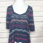 Free People Cropped Keyhole Sweater Top Size Medium Blue Stripe Wool Blend Photo 0
