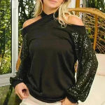 Black Halter Neck Sequin Sleeve Top Photo 0