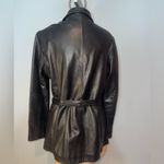 Andrew Marc  black leather belted jacket coat with zipper woman size large Photo 2