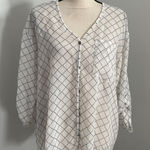 CAbi  Lattice Print Button Up Shirt Size Medium White Black Corpcore Officewear Photo 0