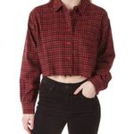 HYFVE  Frayed Hem Flannel Crop Red Plaid Shirt Size Medium Photo 0