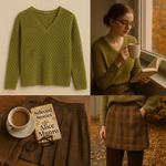 Kate Hill Casual Green Textured Knit Sweater L Boho Grannycore Retro V-Neck Photo 7