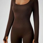 Solid Ribbed Long Sleeve Sports Jumpsuit Brown Photo 3