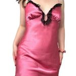 Flora Nikrooz Vintage Pink Satin Black Lace Rhinestone Mini Slip Dress Chemise Photo 0