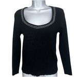 Nanette Lepore Black L/S Ribbed Stretch Top Silvertone Beading NWOT Small Photo 1