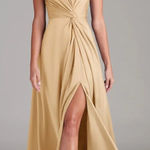 Azazie NWT  Brooke Gold A-Line One Shoulder Satin Bridesmaid Maxi Dress Size 8 Photo 0