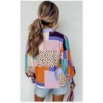 FATE. Multicolor Abstract Patchwork Long Puff Sleeve Ruffle Keyhole Blouse Size M Photo 1