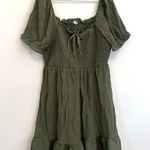 As You Wish A.U.W AS U WISH Plus Size Puff Sleeve Smocked Ruffle Dress Olive Green Boho Mini Photo 0