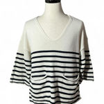 ZARA Striped Knit Top V Neck Elbow Sleeves Pockets Relaxed Fit Photo 0