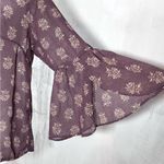 Rewind Long bell sleeve mauve semi sheer top with lace detail size large Photo 3