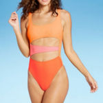 Xhilaration Orange and Pink Open Belly One Piece Swimsuit with Cut-Out Design Photo 0
