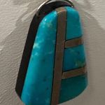 Vintage Navajo Harold Smith Turquoise & Sterling Inlay Pendent 925 Necklace Blue Photo 5