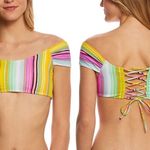 Raisin's  Bikini Top Swim Stripe Multi Color Off Shoulder Lace Up Beach NWT Small Photo 1