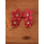 Red Double Flower Drop Earrings Gold Center Statement Summer Beach NWOT Photo 3