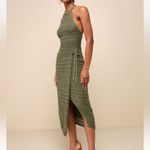 Lulus NWT Blissful Strolls Olive Green Crochet Faux-Wrap Halter Midi Dress Small Photo 4