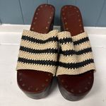 Joie  Black Ivory Black Woven Stripe Braided Leather Platform Wood Wedges 10 - 40 Photo 4