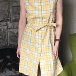 Vintage Linen Blend Shirt Dress Yellow & Green nipped waisted dress Size L Photo 0
