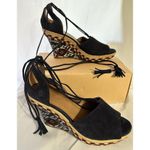 Cabi Navy Isla Blue Wedge Lace Up Espadrilles Aztec Heel Peep Toe 6001 Size 8.5 Photo 0