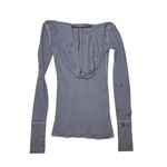 American Eagle  Y2K Ribbed Thermal Form Fitting Henley Hooded Long Sleeve Top Photo 5