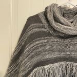 EUC New York & Company women’s gray white cowl neck fringe stripe poncho sweater Photo 1