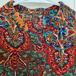 Women’s multicolor patterned high neck button long sleeve lightweight top medium Brown Photo 2