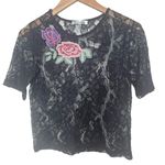 Love More Y2K Black Lace Top with Floral Embroidery Mesh See Through Size Medium Photo 0