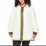 1 Madison  Ladies' Cream & Olive Khaki Trim Sherpa Fuzzy Hooded Full Zip Jacket Photo 3