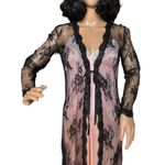 Boutique Sexy Long Black Lace Scalloped satin ribbon closing Robe size small Photo 2