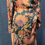 Fate Floral Satin Wrap Long Sleeve Orange Green Midi Small Dress Photo 2