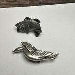 Large Mouth Bass Fish Lapel Pin Bird Brooch Pewter Tone Lot Of 2 Silver Photo 0
