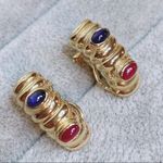 Ruby 14KT Yellow Gold Oval Sapphire Fine Statement Cabachon Omega Back Earrings Photo 6