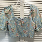 American Eagle  Green/Cream Floral Smocked Short Puff Sl‎ Top Size S NWT Linen Photo 0