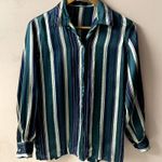 Vintage Hunter Green|Cream|Navy Striped Satin Button Down Blouse GUC Size S Photo 12