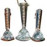14K White Gold Trillion Cut Aquamarine Round Diamond Earrings and Necklace Set Photo 2