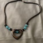 16” Hematite Necklace Heart Pendant 1.25” H With Aqua Blue Cat’s Eye Beads Photo 1