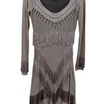 Save The Queen Long Sleeve Metallic Stripe Fringe Dress Greige Women's Small Photo 0