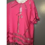 Distressed Pink Shredded Fringe Shirt Womens Large Boho Festival Ripped Tee Top Photo 2