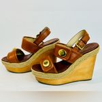 Coach Mariam Brown Leather Wedge Sandals, Brass Hardware, Wood Platform sz 6.5 Photo 1